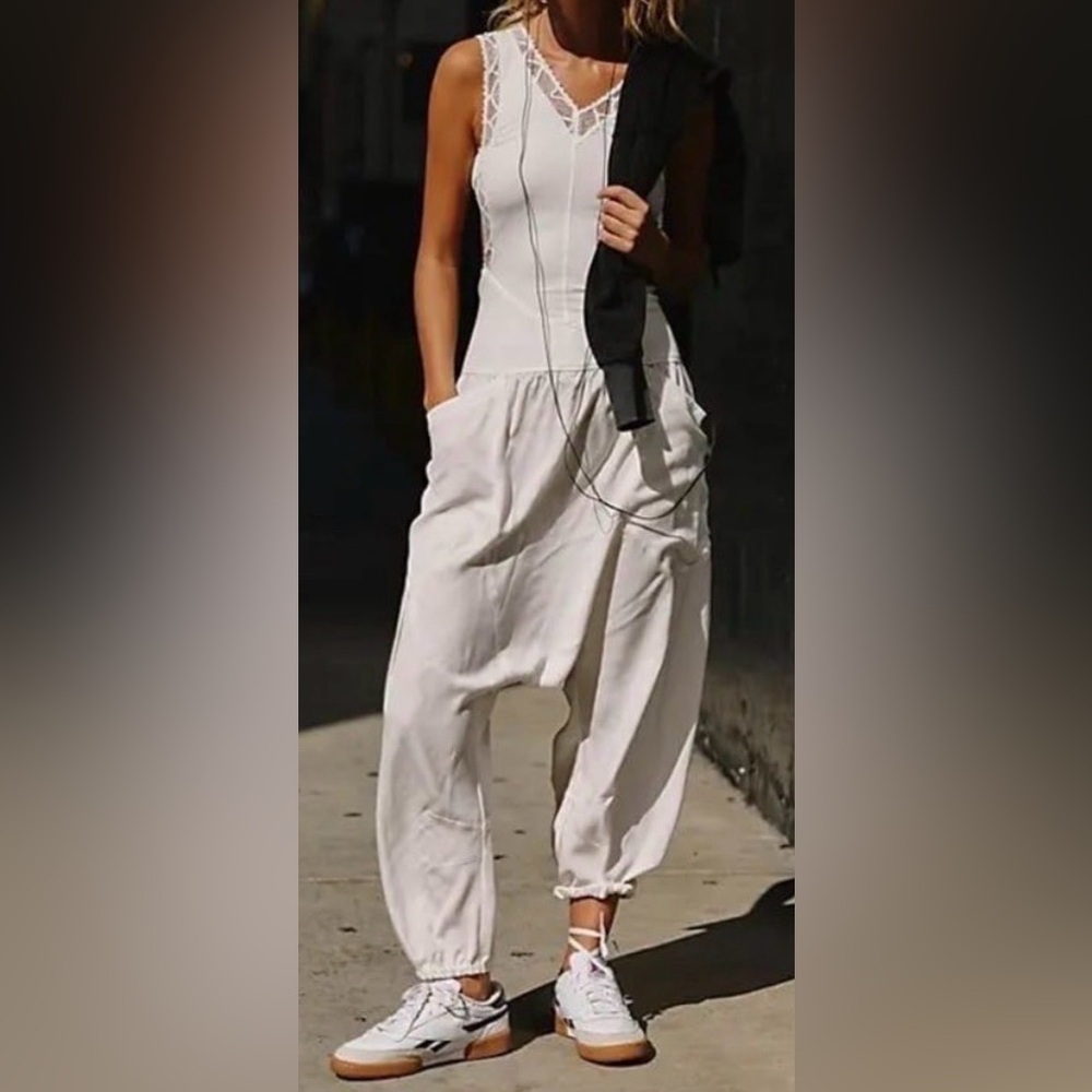 Free people Women’s White Harem tap out Jumpsuit with Lace Trim